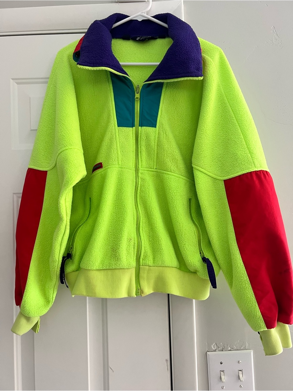 Columbia vintage Neon Green Colorblock Fleece Jacket with Red Sleeves XL